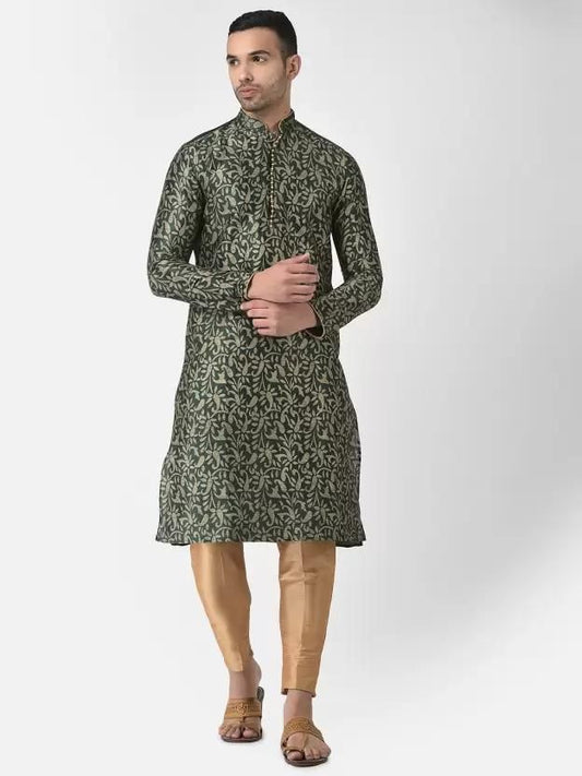 AHBABI Men's Printed Dupion Silk Kurta Pyjama Set Green-Golden